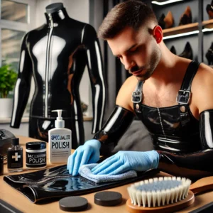 A gleaming black latex outfit from KinkYRubberdoc with care products including polish and a brush.