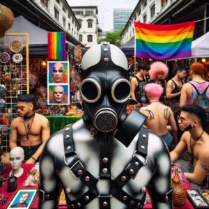 A striking, metallic gas mask paired with a black leather harness, set against a vibrant marketplace backdrop with rainbow flags.
