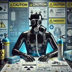 Sleek black latex ensemble with a gas mask and harness, set against a backdrop of safety-themed visuals.
