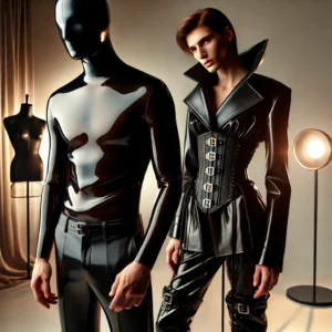 **Alt Text**: Sleek black latex ensemble featuring a high-collared jacket with corset detailing and matching pants, exuding a bold and edgy vibe.