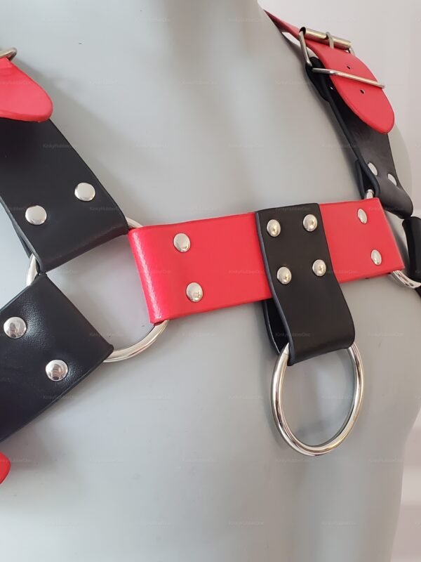 Red-trimmed black leather chest harness with metal rings and rivets.