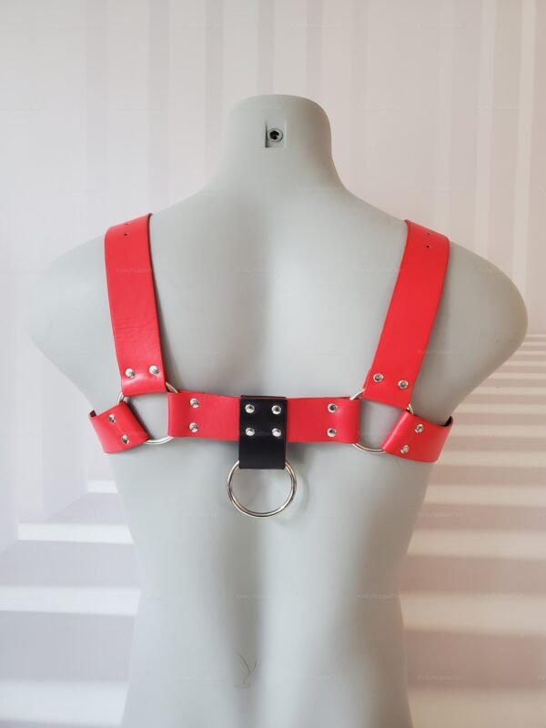 Red and black chest harness with metal rings and rivet detailing.