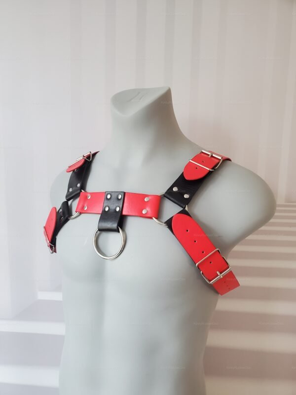 **Alt Text**: Red and black leather harness with metal ring and buckle accents.