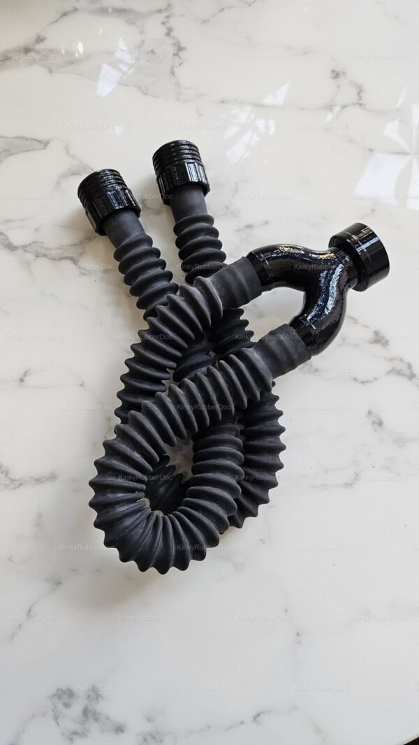 Y-shaped dual rubber hose with RD40mm connectors on a marble surface.
