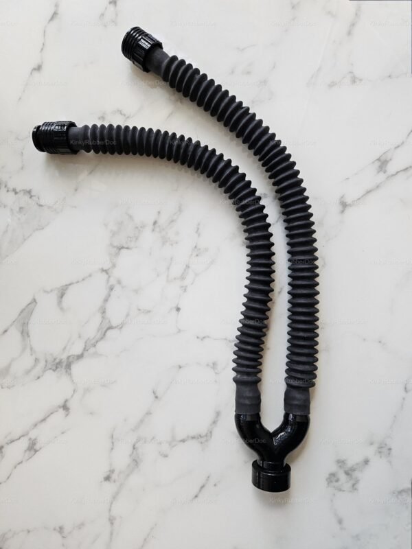 Black Y-shaped rubber hose with RD40mm connectors on a marble surface.