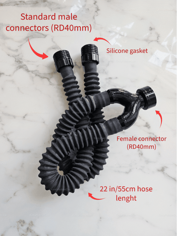 Black Y-Form rubber hose with RD40 connectors on a marble surface.