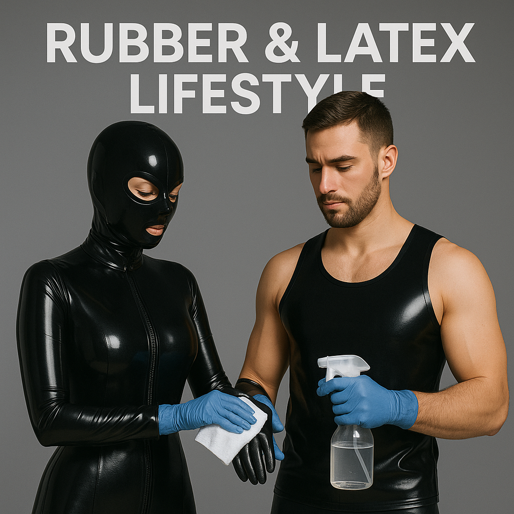 Sleek black latex suit and tank top, highlighted in a sensual rubber and latex theme.
