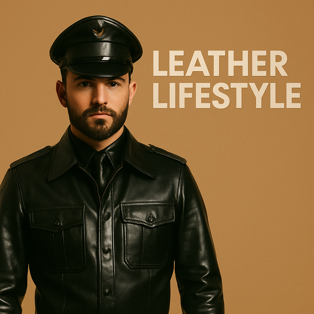 Black leather military-inspired jacket and cap on a neutral background with "Leather Lifestyle" text.