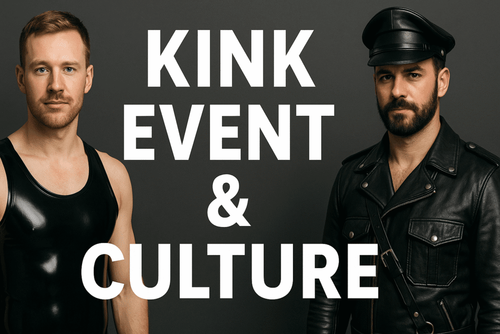 Sleek black leather and glossy latex outfits for a daring kink event and culture experience.