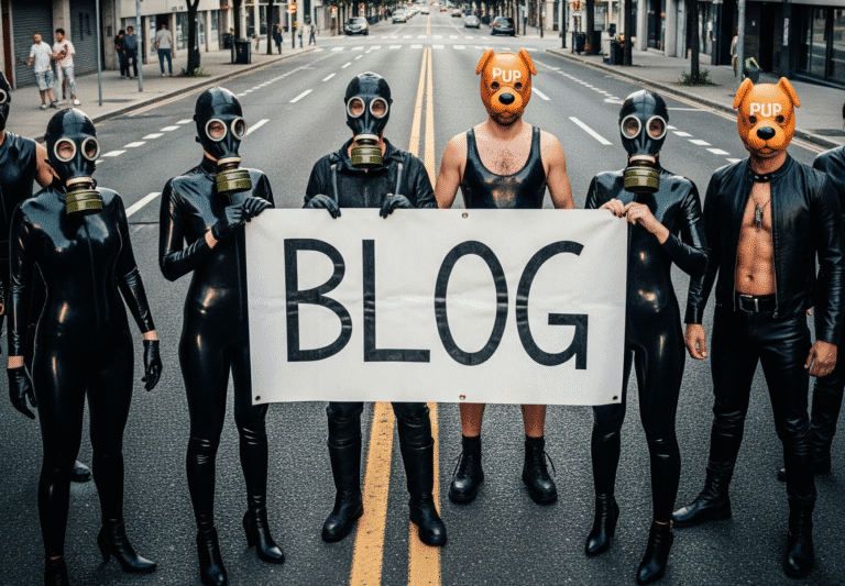 Fetish Lifestyle Blog. Group wearing black latex outfits and masks, holding a "BLOG" sign in an urban setting.