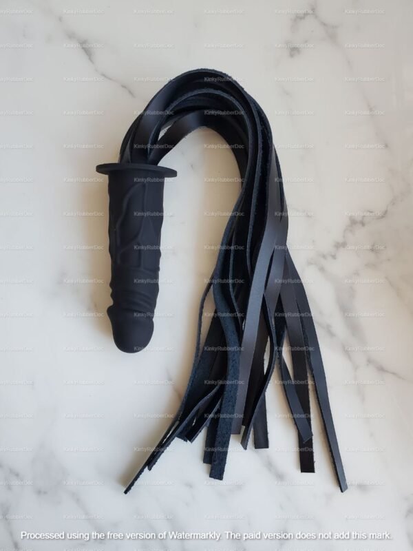 Black vegan Leather Flogger with Silicone Penis Grip handle for BDSM and kink play