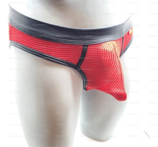 Red mesh jockstrap with black trim, designed for a bold and daring aesthetic.