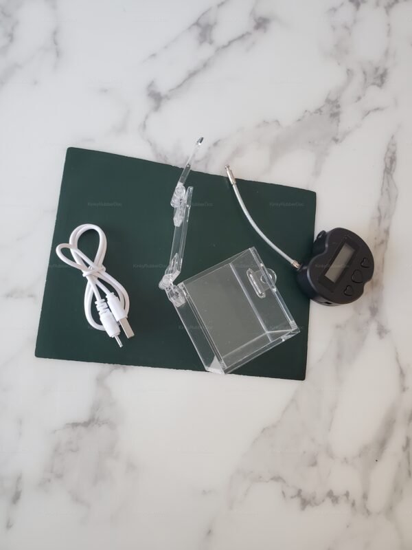 Clear acrylic box with digital timer padlock and USB cable for controlled playtime.