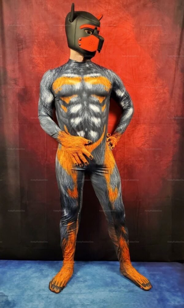 Anthro-dog bodysuit with furry style design in gray and orange hues, featuring a leather-like mask and detailed texture for cosplay enthusiasts.