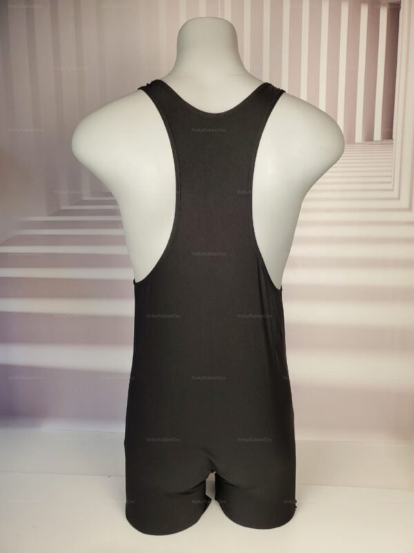 Sleek black singlet with racerback design, ideal for fetish and sport-inspired play.