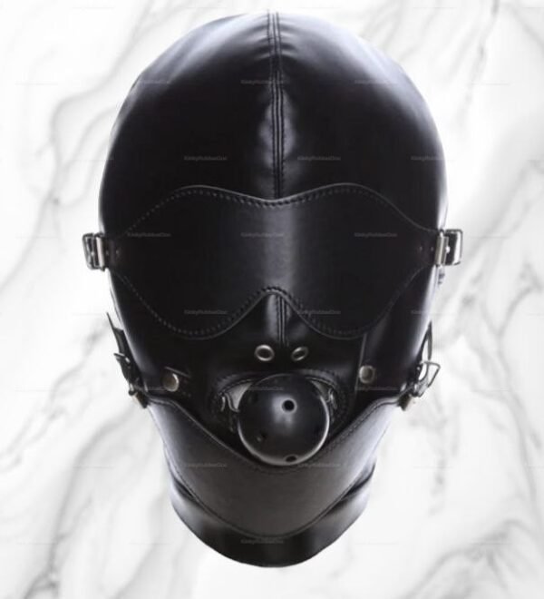 Black leather bondage hood with blind eye covers and plastic gag, back lacing