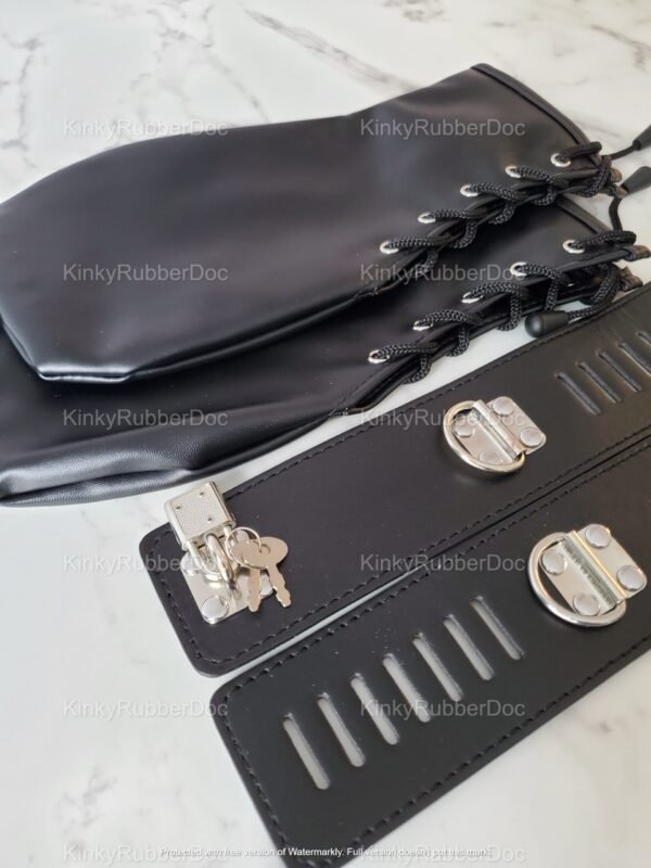 Black leather arm cuffs with lace-up design and locking mechanism.