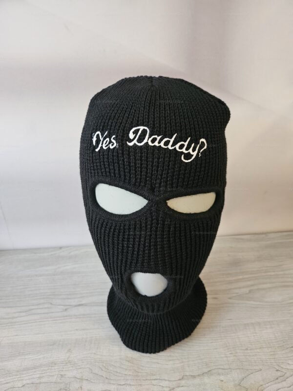 Black Yes Daddy Balaclava  embroidered in white.