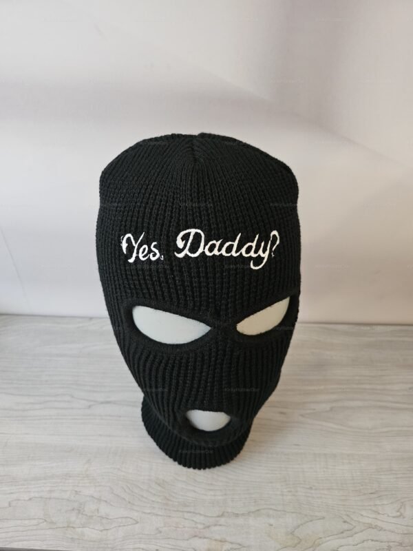 Black balaclava with "Yes, Daddy?" text, featuring eye and mouth openings.