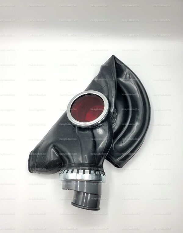 Black rubber gas mask with striking red lenses, ideal for fetish roleplay.