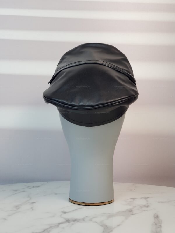 Sleek black leather officer's hat with a glossy finish.