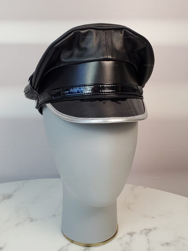 Black leather hat with silver trim, perfect for costume or fetish wear.