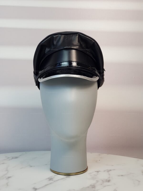 Black leather visor cap with shiny finish for fetish fashion and roleplay.