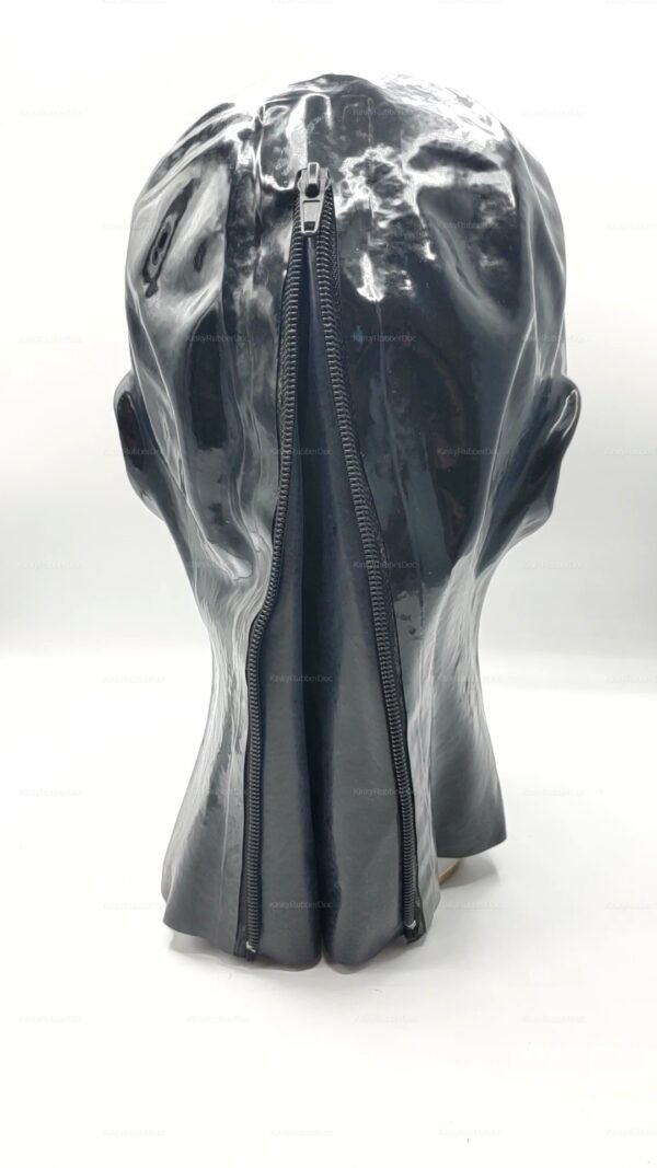 Black latex hood with back zipper for fetish fashion enthusiasts.