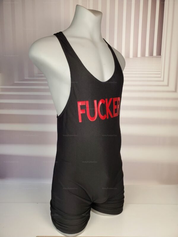 Spandex Singlet with Custom Text in black , displayed on a mannequin in side-front view