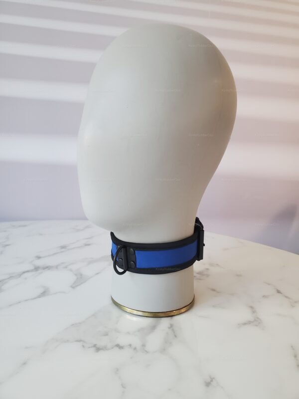 Blue neoprene collar with black trim and metal ring, placed on a marble surface.