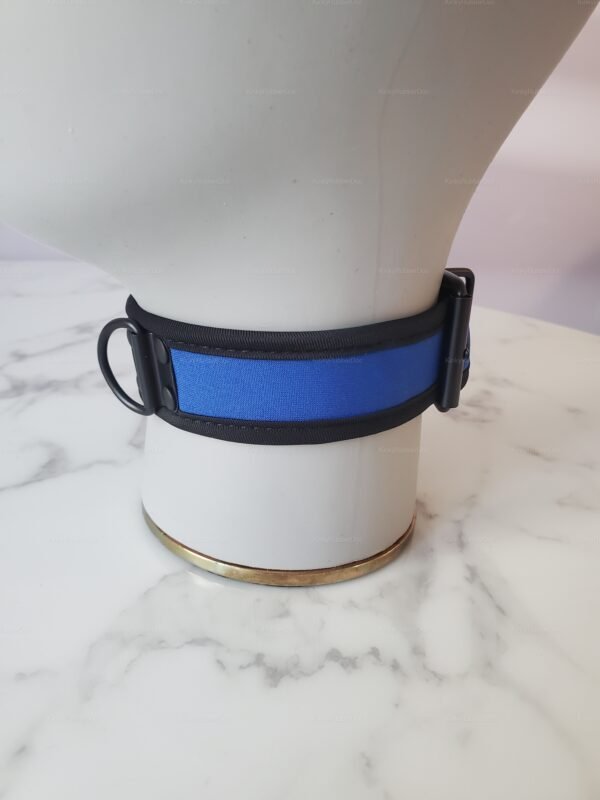 Blue fetish collar with black trim and metal ring for pet play enthusiasts.