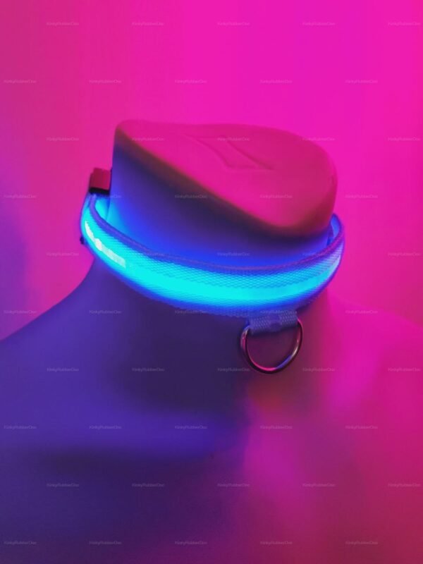 Neon blue light collar with ring for adult cosplay and fetish fashion.