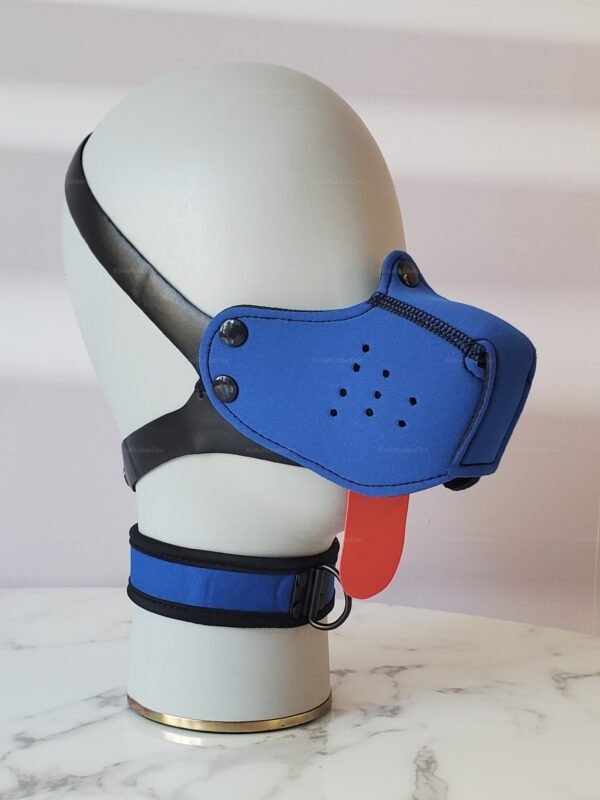 Blue neoprene muzzle and collar set with black straps and red tongue for cosplay and roleplay.
