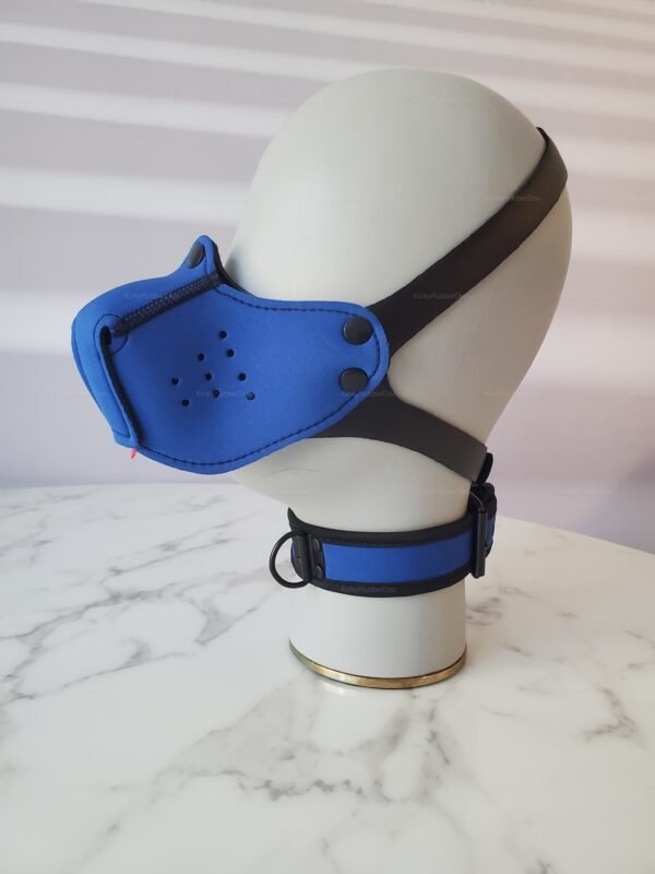Blue muzzle strap mask with collar for kink and cosplay.