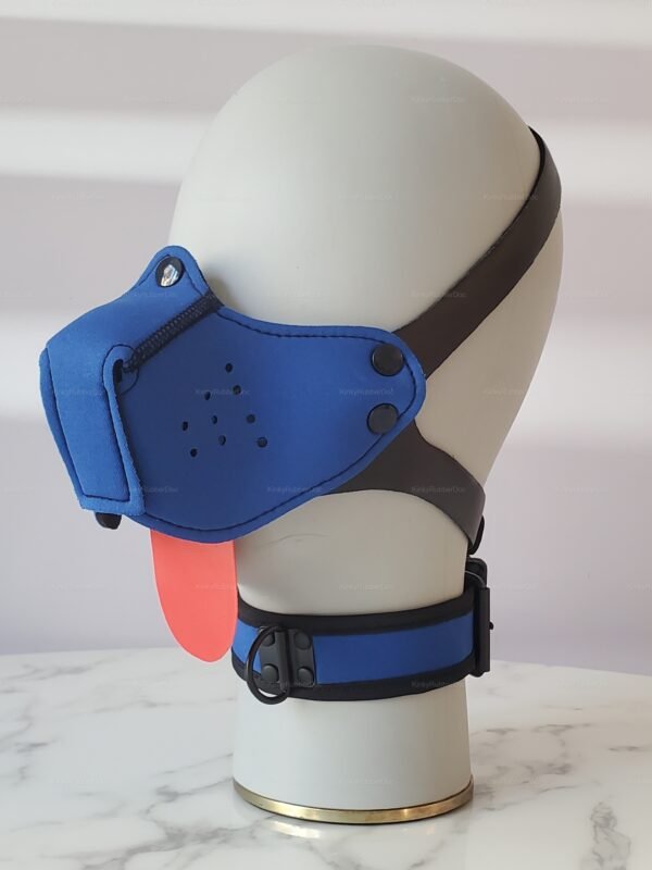 Blue neoprene muzzle collar with adjustable straps and playful red tongue accent.