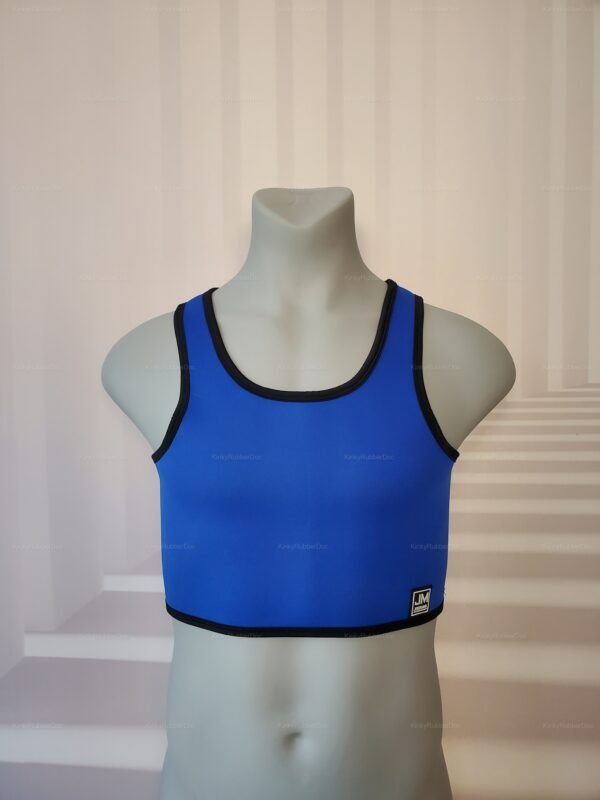 Blue neoprene tank top with black trim, designed for fetish wear and kinky cosplay.