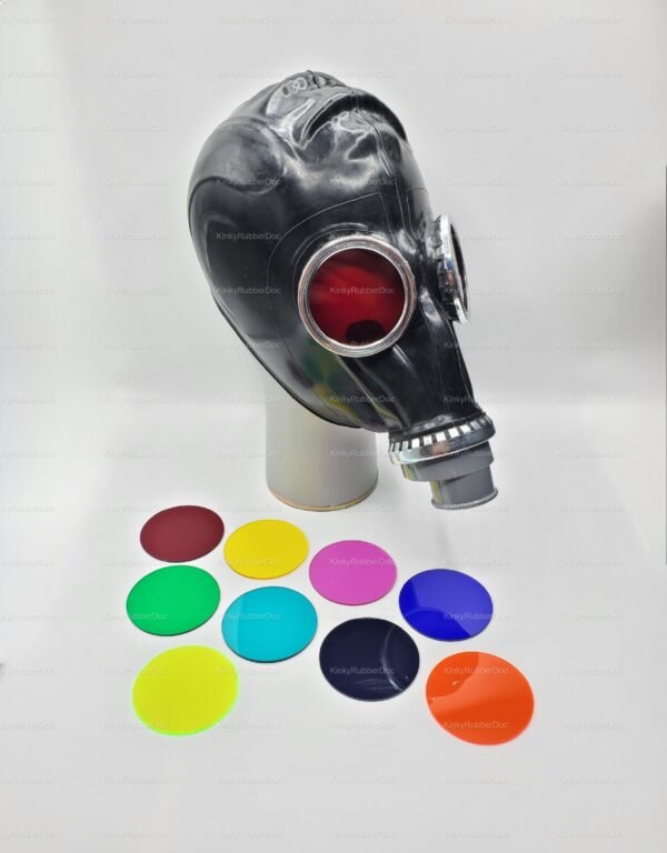 Sleek black rubber gas mask with colorful interchangeable lenses.