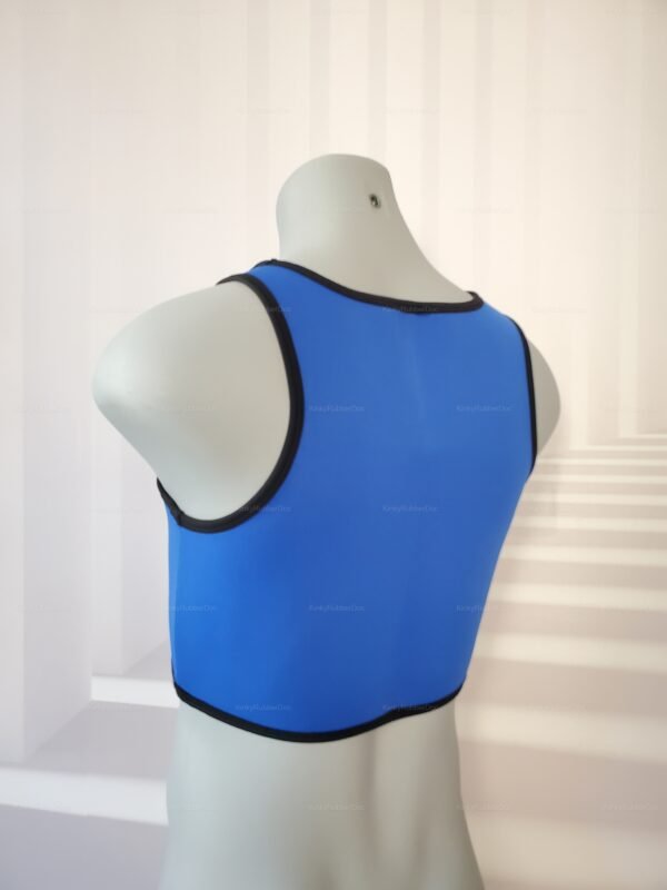 Blue neoprene tank top with black trim for cosplay and fetish wear.