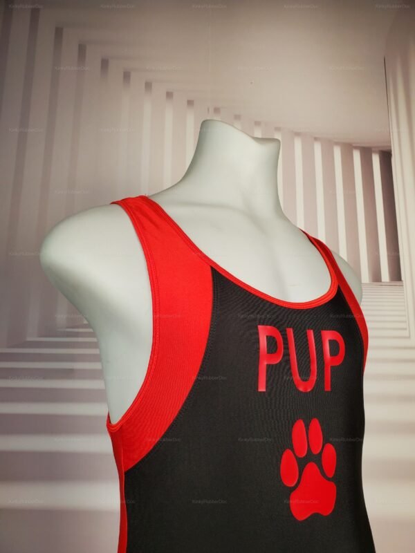 Red and black snug polyester singlet with "PUP" and paw print design.