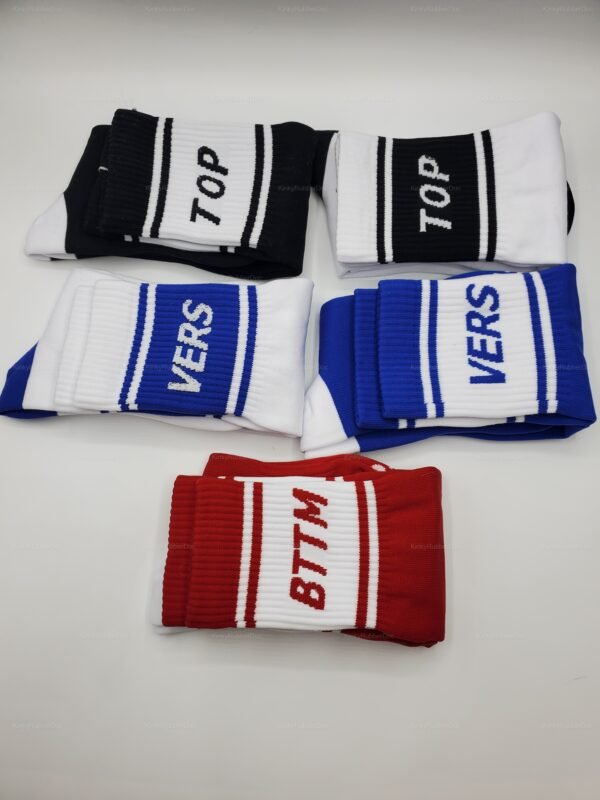 Colorful cotton socks with bold lettering, perfect for expressing playful roles in the kinky community.
