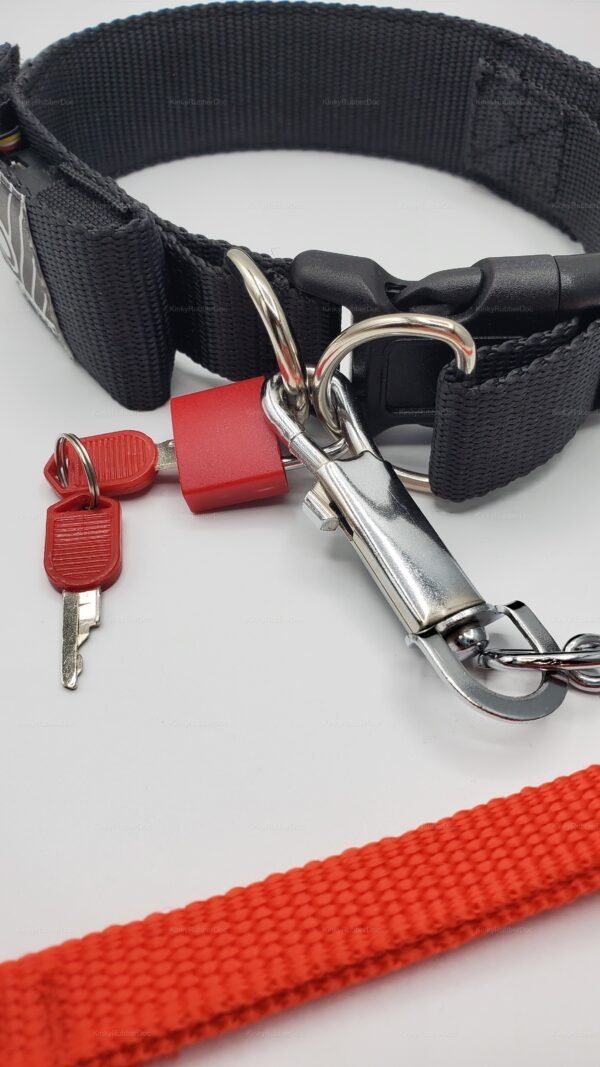 Black custom-text LED collar with lock and red leash, featuring metallic accents and keys.