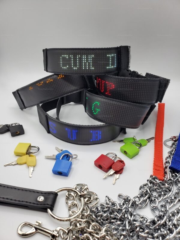 A selection of LED display collars with customizable messages, surrounded by colorful padlocks and chains.