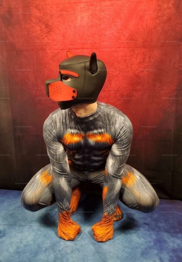 Kinky dog-themed bodysuit with black and orange accents for cosplay and fetish play.