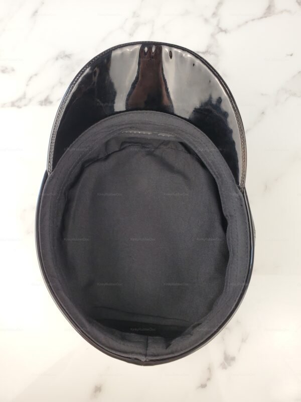 Glossy black peaked cap with a smooth finish, ideal for fetish fashion enthusiasts.