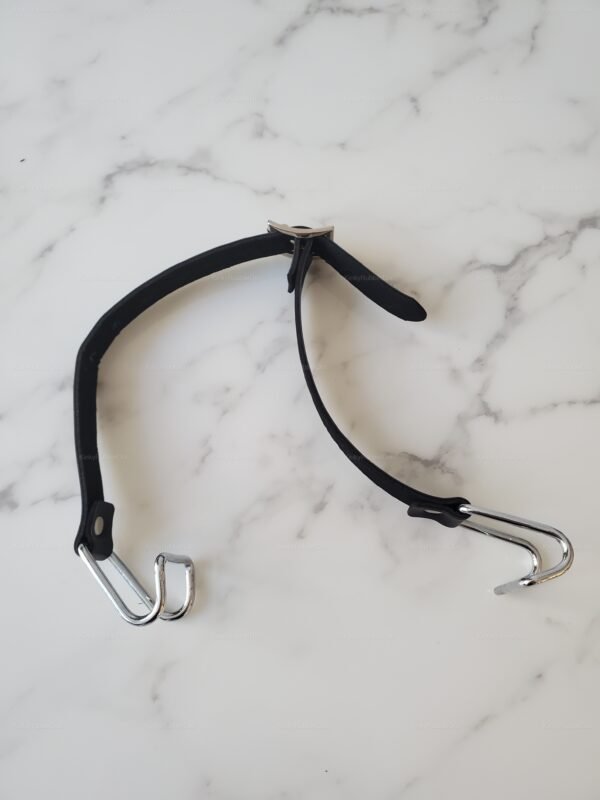 Sleek black leather mouth expander with metallic hooks for adventurous play.