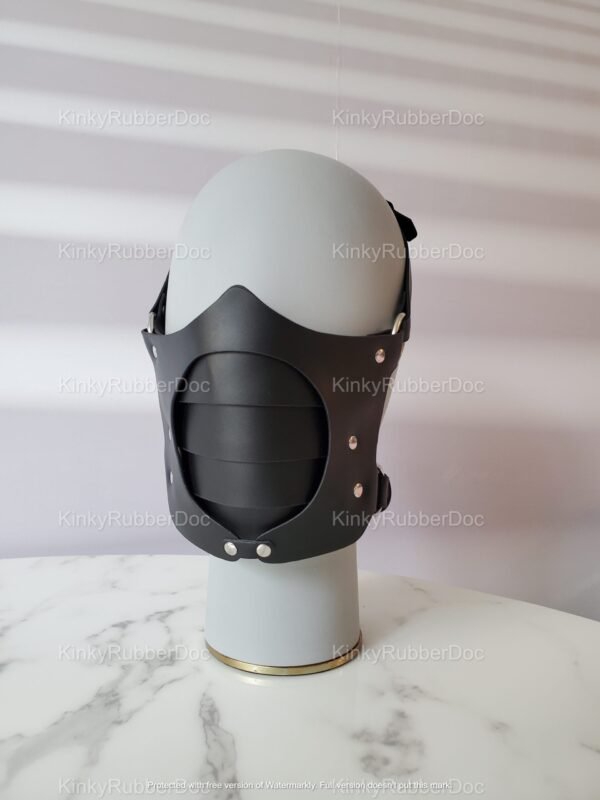 Black face cover mask with sleek design and metallic accents.