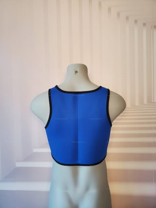 Blue neoprene crop top with black trim, ideal for alternative fashion and pride events.