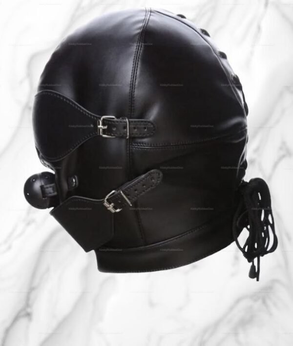 Black leather bondage hood with buckles and lace-up detailing for a bold statement.