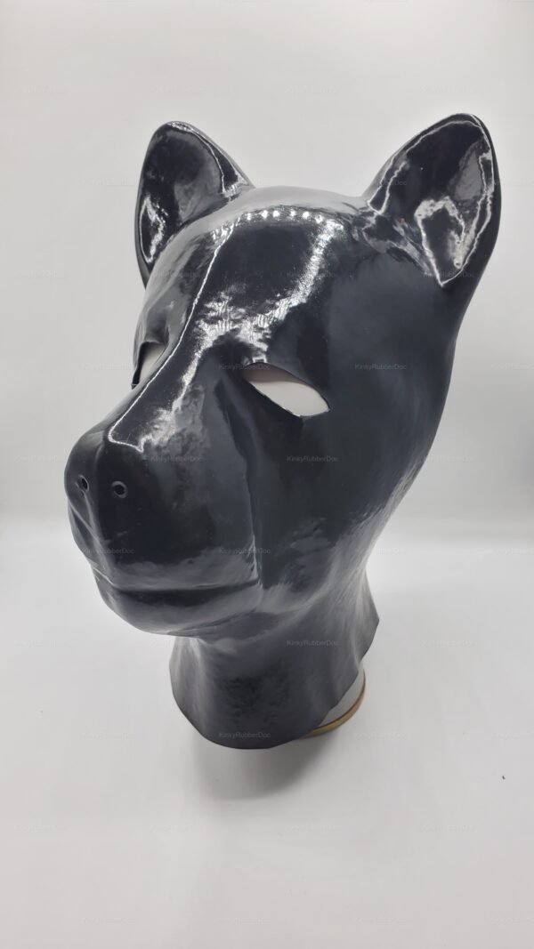 Shiny black latex dog hood with zipper, featuring pointed ears and eye openings.