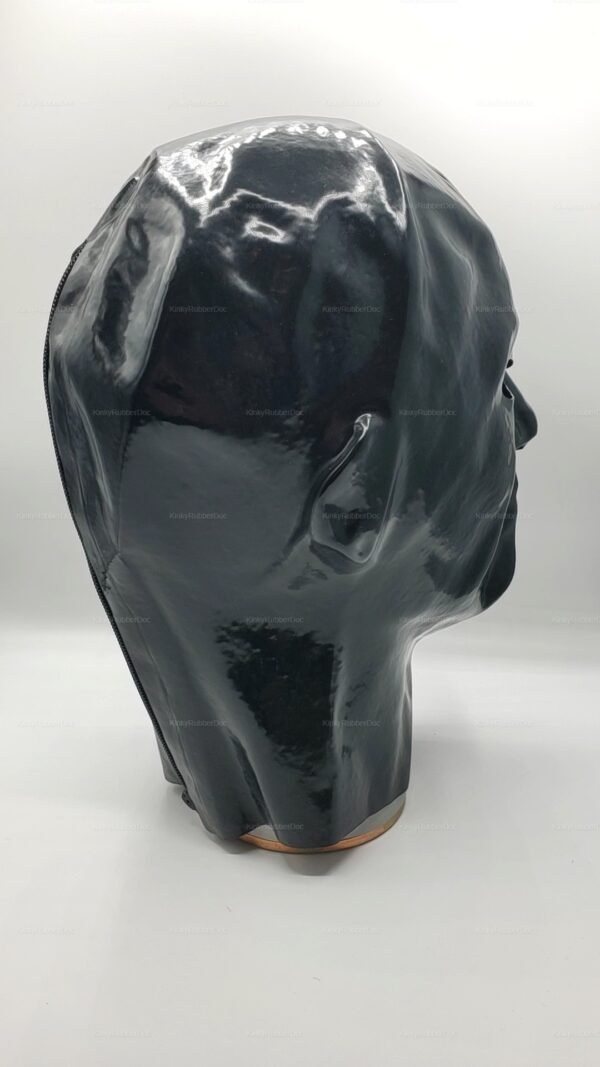 Black latex fetish mask with back zipper closure, featuring a sleek and glossy finish.